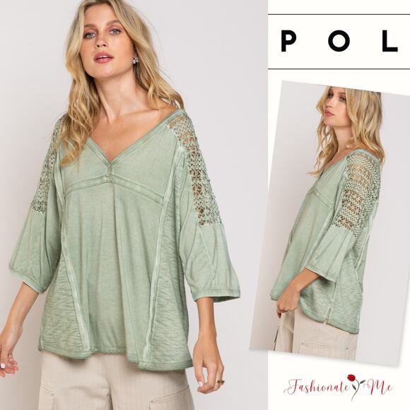 💣POL Feminine Boho Crochet Sleeves Raw Edge Back Yoke Soft Sage Blouse | Size S - Picture 5 of 5